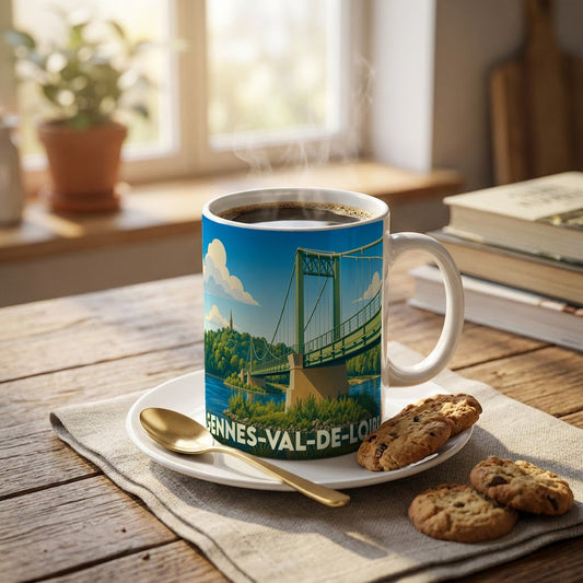 Mug souvenir de la ville de Gennes-Val-de-Loire avec une illustration stylisée de son pont suspendu.