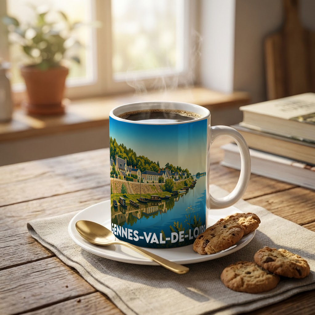 Mug souvenir de la ville de Gennes-Val-de-Loire avec une illustration stylisée d'un paysage de bord de Loire.