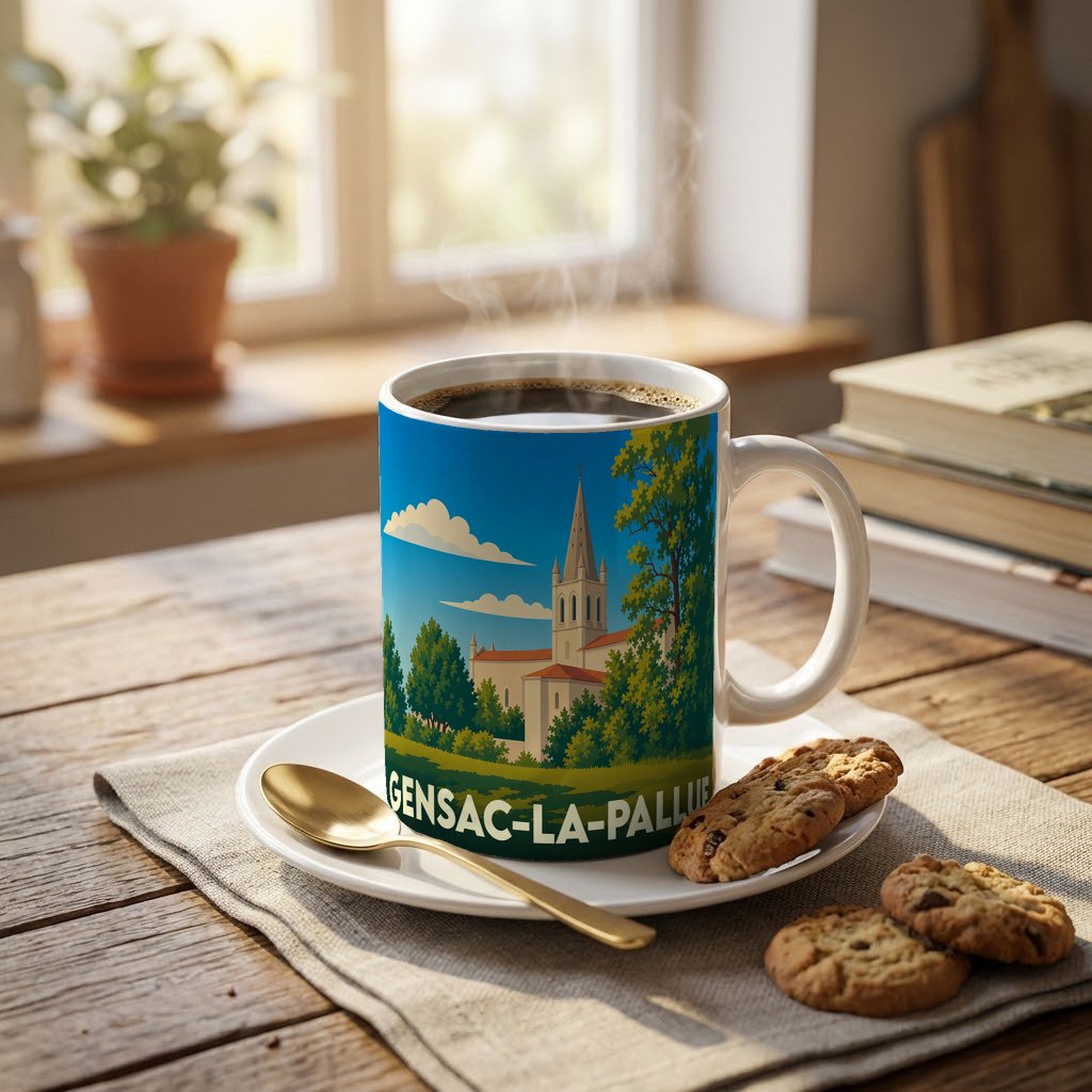 Mug souvenir de la ville de Gensac-la-Pallue avec une illustration stylisée de son église.