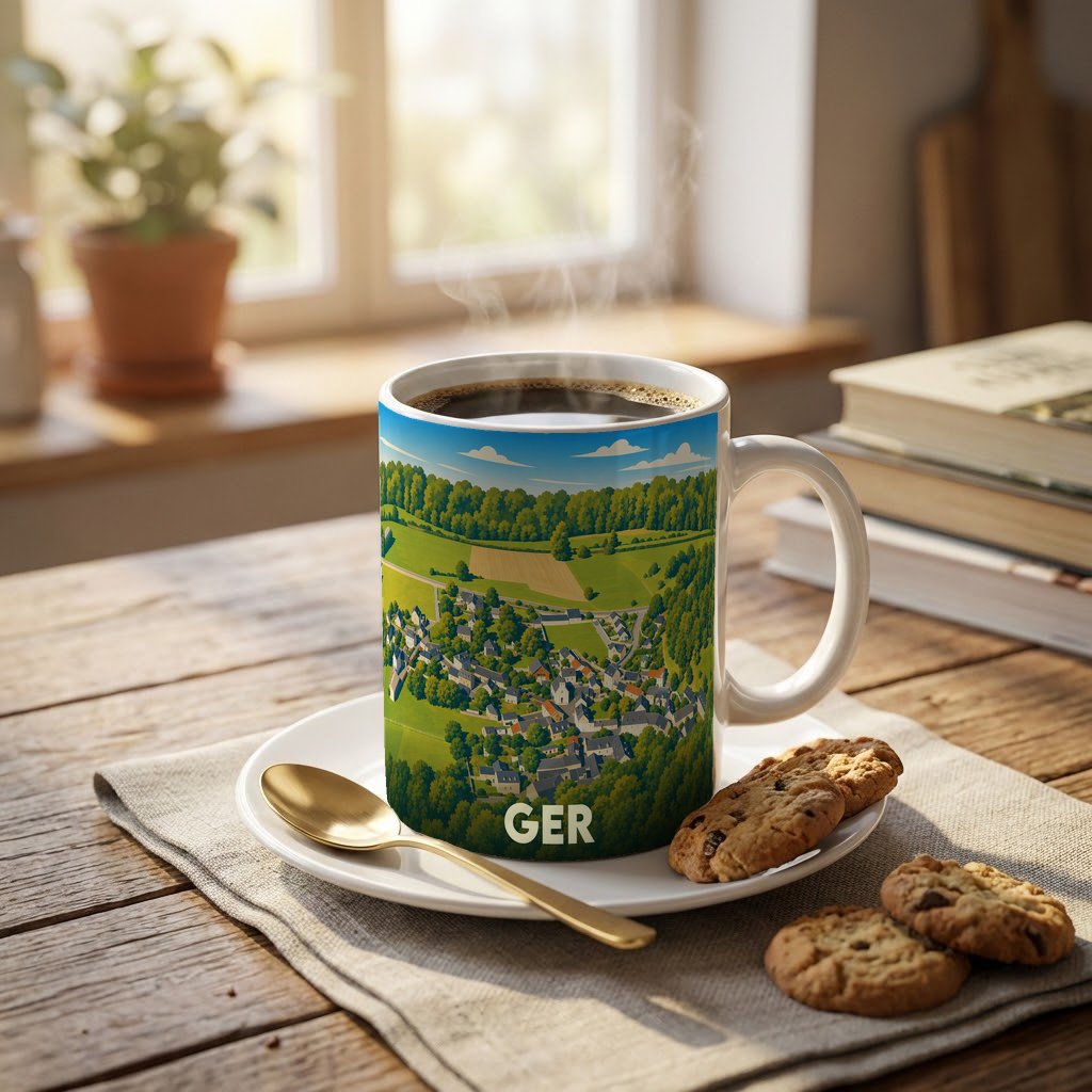 Mug souvenir de la ville de Ger orné d'une illustration paysagère stylisée.