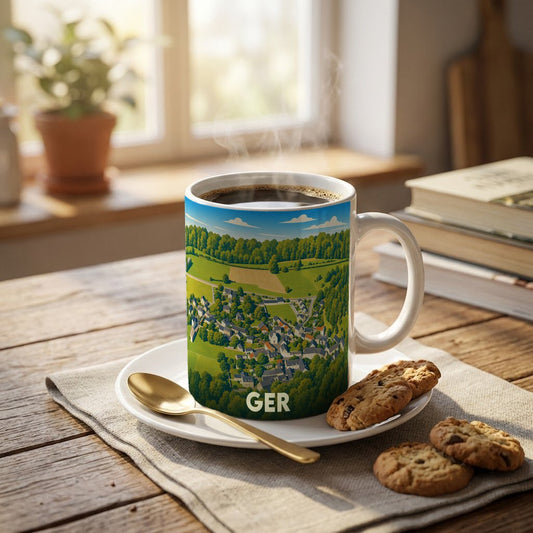 Mug souvenir de la ville de Ger orné d'une illustration paysagère stylisée.
