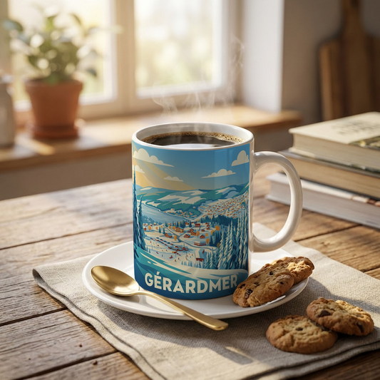 Mug souvenir de la ville de Gérardmer avec une illustration stylisée.