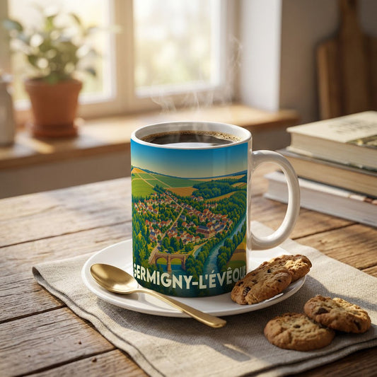Mug souvenir de la ville de Germigny-l'Évêque orné d'une illustration paysagère stylisée.