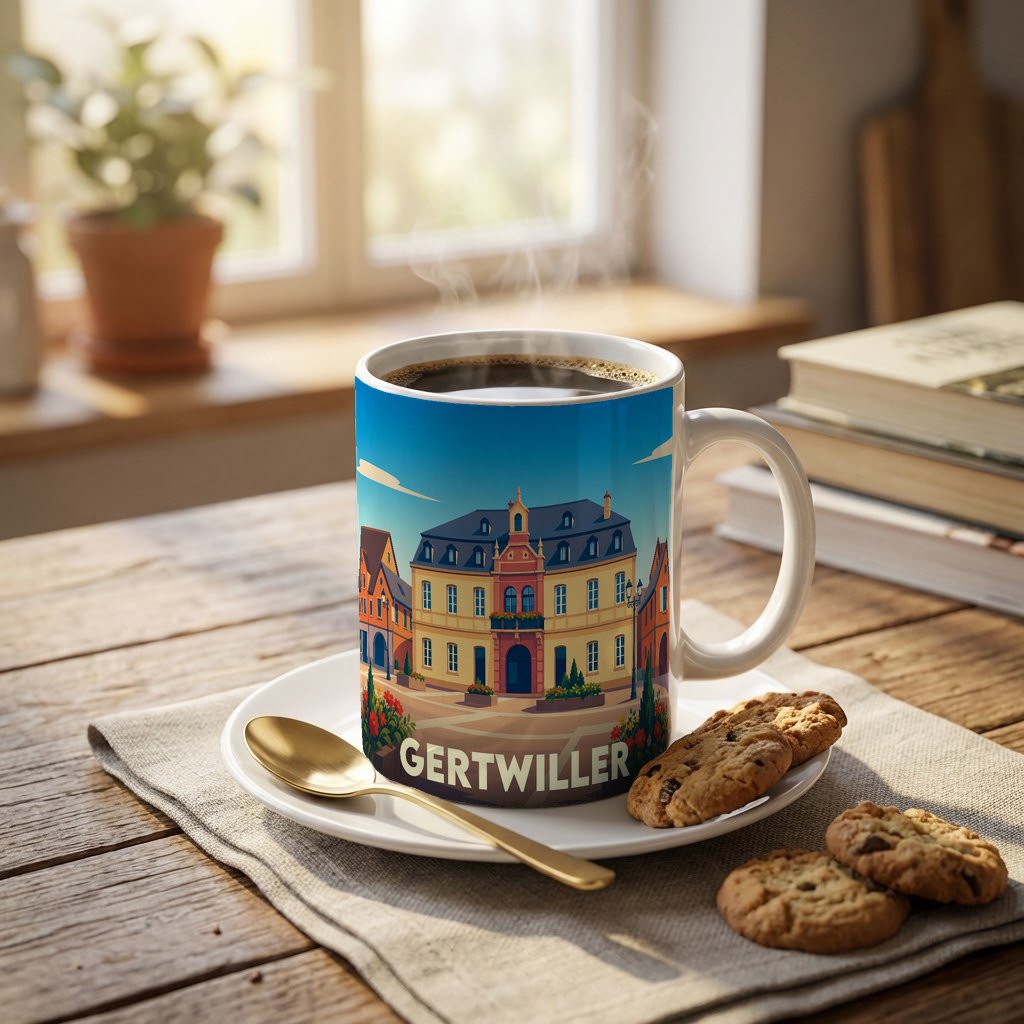 Mug souvenir de la ville de Gertwiller avec une illustration stylisée d'un bâtiment traditionnel alsacien.