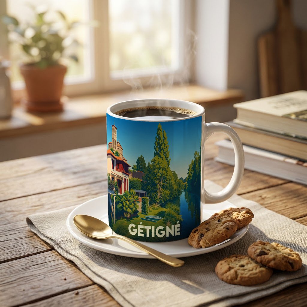 Mug souvenir de la ville de Gétigné avec une illustration stylisée d'un paysage de bord de rivière.