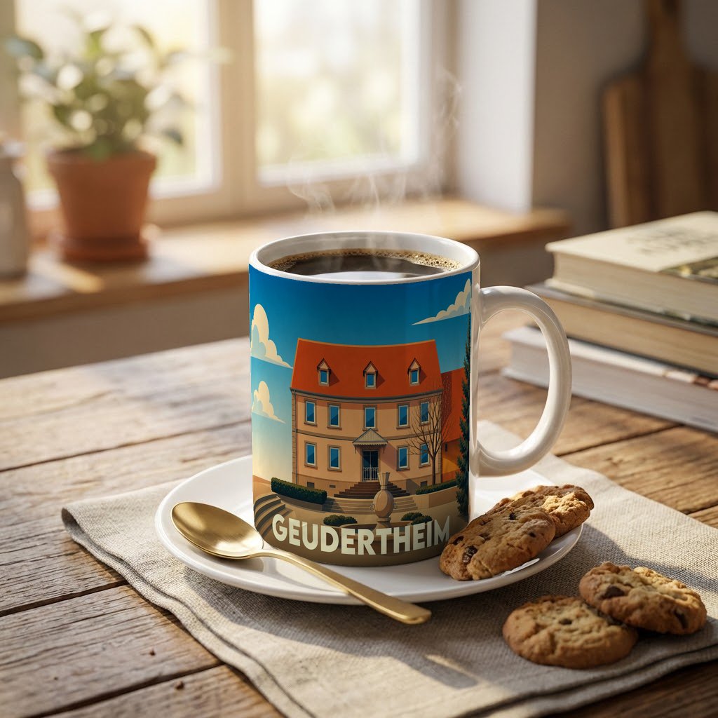 Mug souvenir de la ville de Geudertheim avec une illustration stylisée d'un bâtiment remarquable.