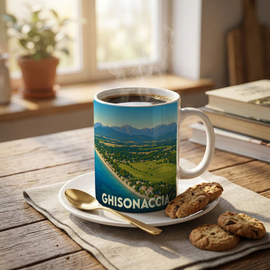 Mug souvenir de la ville de Ghisonaccia orné d'une illustration paysagère stylisée.