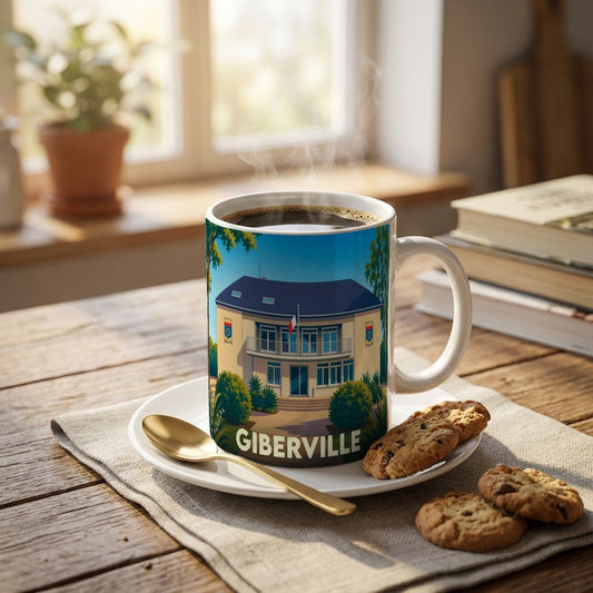 Mug souvenir de la ville de Giberville avec une illustration stylisée de sa mairie.