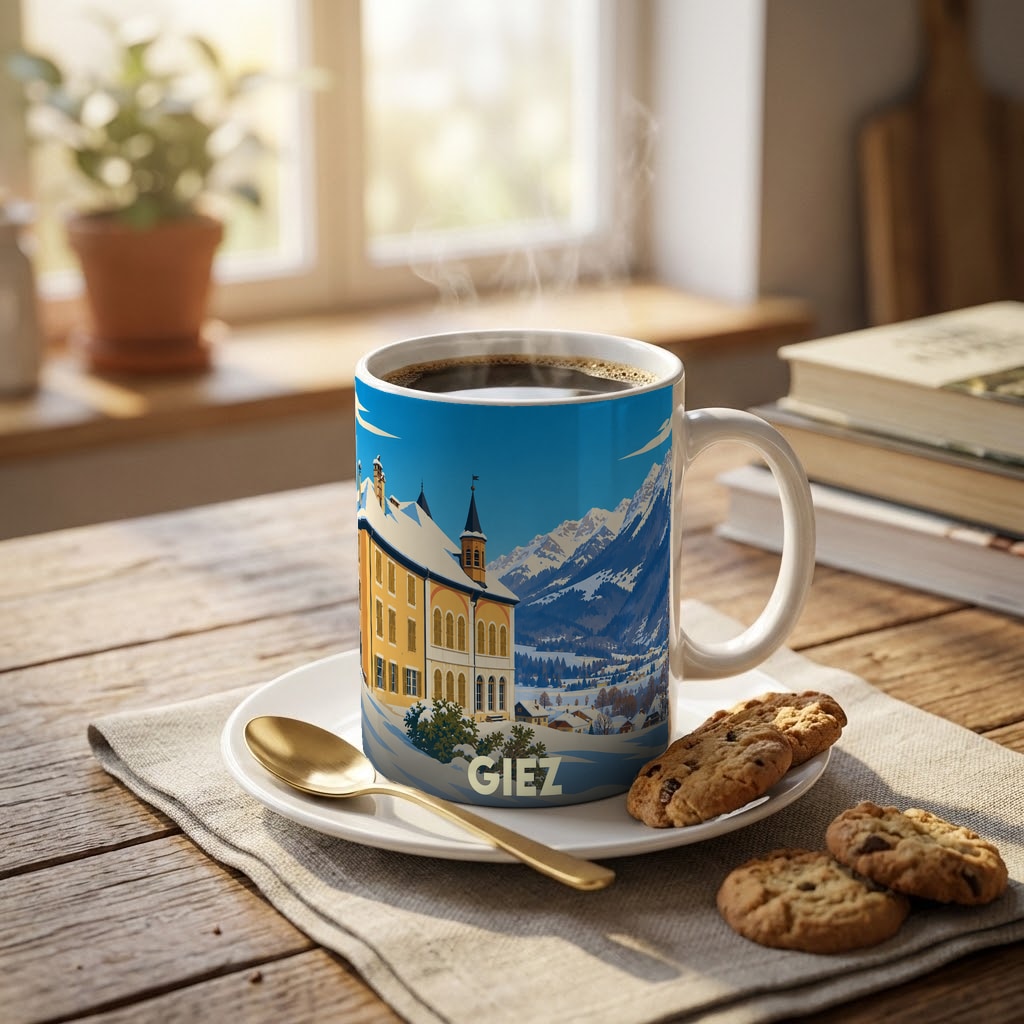 Mug souvenir de la ville de Giez illustré d'un paysage de montagne enneigé et d'un bâtiment historique.