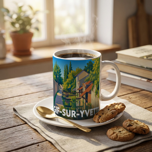 Mug souvenir de la ville de Gif-sur-Yvette avec une illustration stylisée.