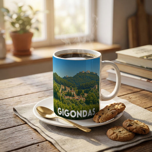 Mug souvenir de la ville de Gigondas avec une illustration stylisée de son village et de ses paysages vallonnés.