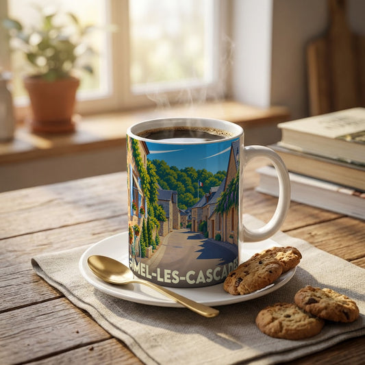 Mug souvenir de la ville de Gimel-les-Cascades avec une illustration stylisée d'une ruelle fleurie.