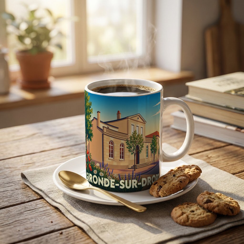 Mug souvenir de la ville de Gironde-sur-Dropt avec une illustration stylisée.