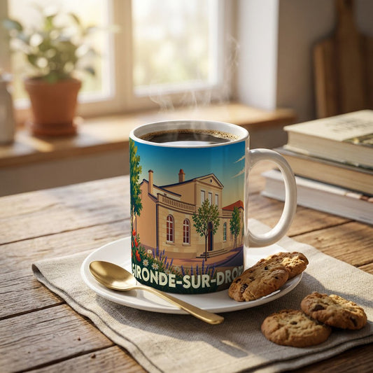 Mug souvenir de la ville de Gironde-sur-Dropt avec une illustration stylisée.