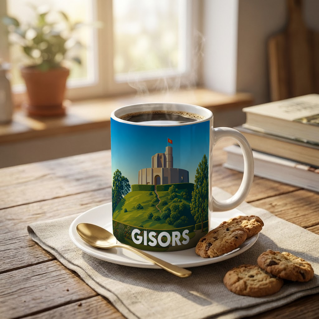 Mug souvenir de la ville de Gisors avec une illustration stylisée de son château.