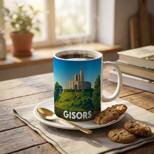 Mug souvenir de la ville de Gisors avec une illustration stylisée de son château.