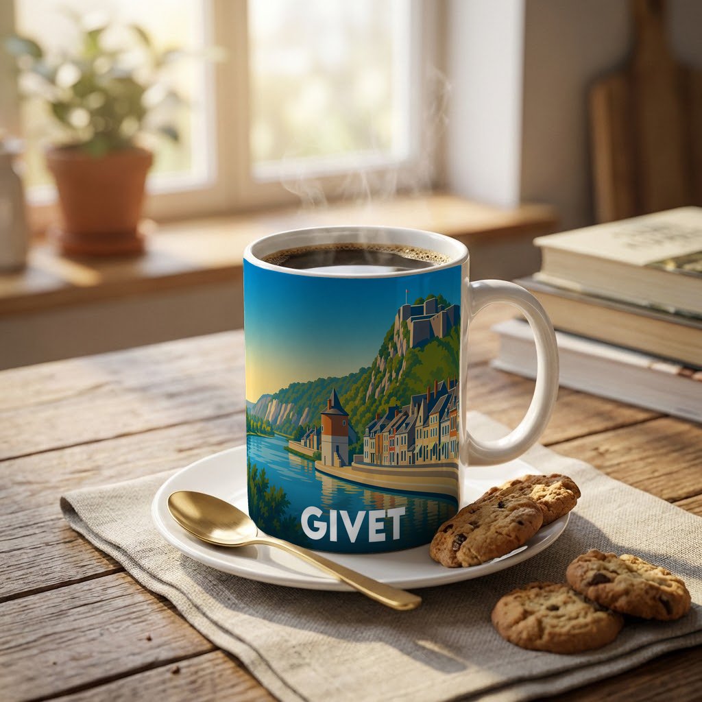 Mug souvenir de la ville de Givet avec une illustration stylisée des bords de Meuse et de sa citadelle.