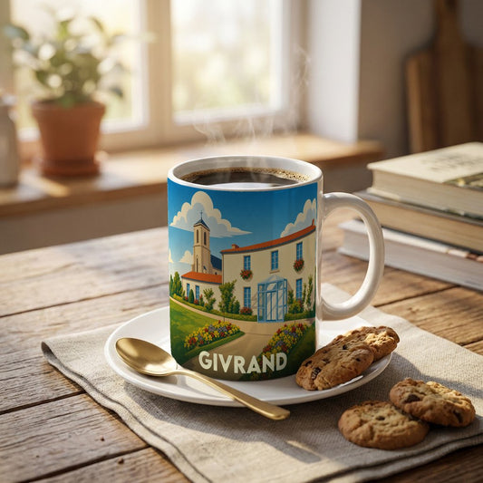 Mug souvenir de la ville de Givrand orné d'une illustration stylisée de son architecture locale.