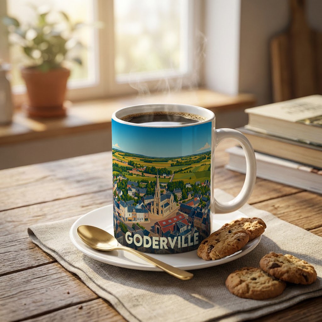 Mug souvenir de la ville de Goderville orné d'une illustration panoramique colorée.