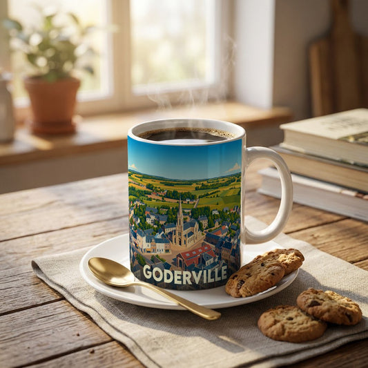 Mug souvenir de la ville de Goderville orné d'une illustration panoramique colorée.
