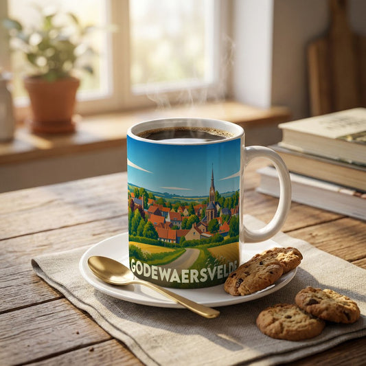 Mug souvenir de la ville de Godewaersvelde orné d'une illustration stylisée du village et de son église.