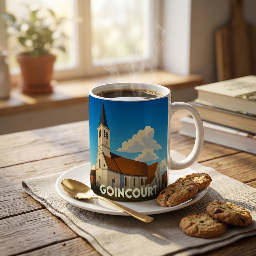 Mug souvenir de la ville de Goincourt orné d'une illustration stylisée de son église.