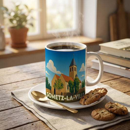 Mug souvenir de la ville de Gometz-la-Ville avec une illustration stylisée de son église.