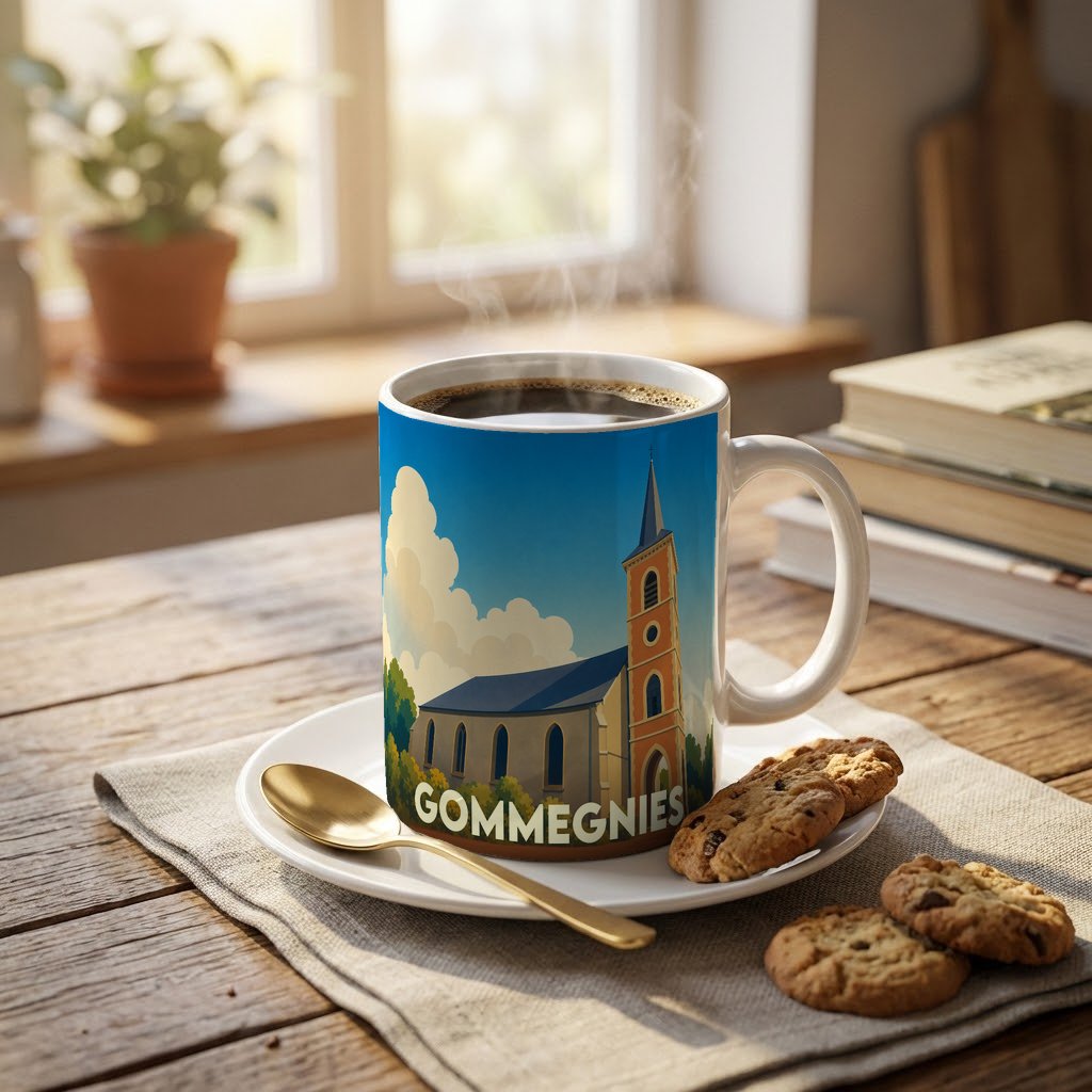 Mug souvenir de la ville de Gommegnies illustré d'une église stylisée sous un ciel bleu.