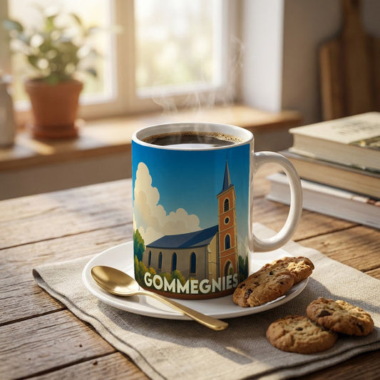 Mug souvenir de la ville de Gommegnies illustré d'une église stylisée sous un ciel bleu.