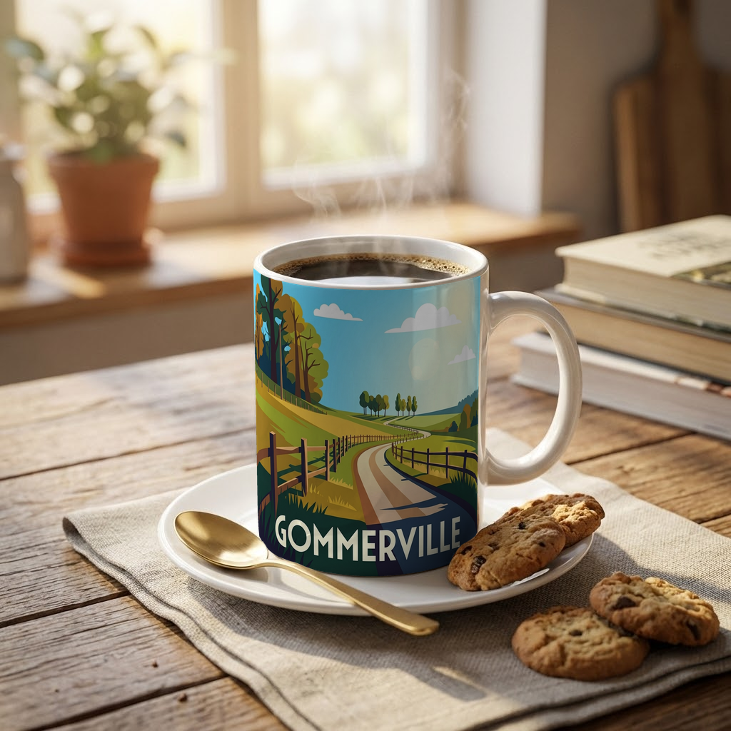 Mug souvenir de la ville de Gommerville avec une illustration stylisée.