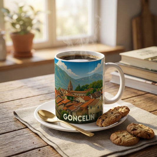 Mug souvenir de la ville de Goncelin orné d'une illustration stylisée de ses paysages et habitations.