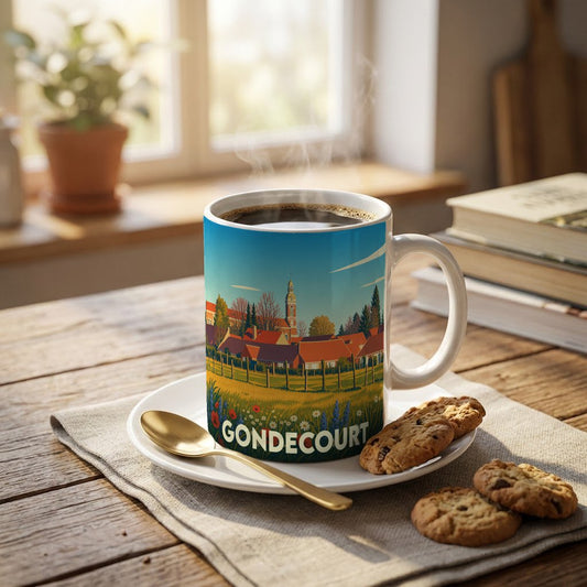 Mug souvenir de la ville de Gondecourt avec une illustration de son paysage et de son église.