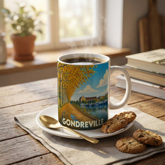 Mug souvenir de la ville de Gondreville avec une illustration automnale stylisée.