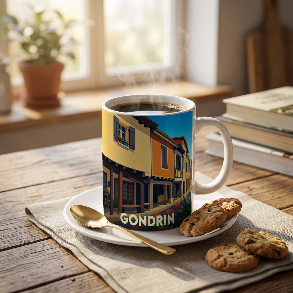 Mug souvenir de la ville de Gondrin avec une illustration stylisée de maisons colorées.