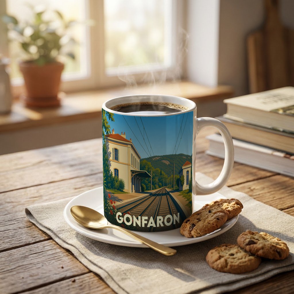 Mug souvenir de la ville de Gonfaron avec une illustration stylisée de sa gare ferroviaire.