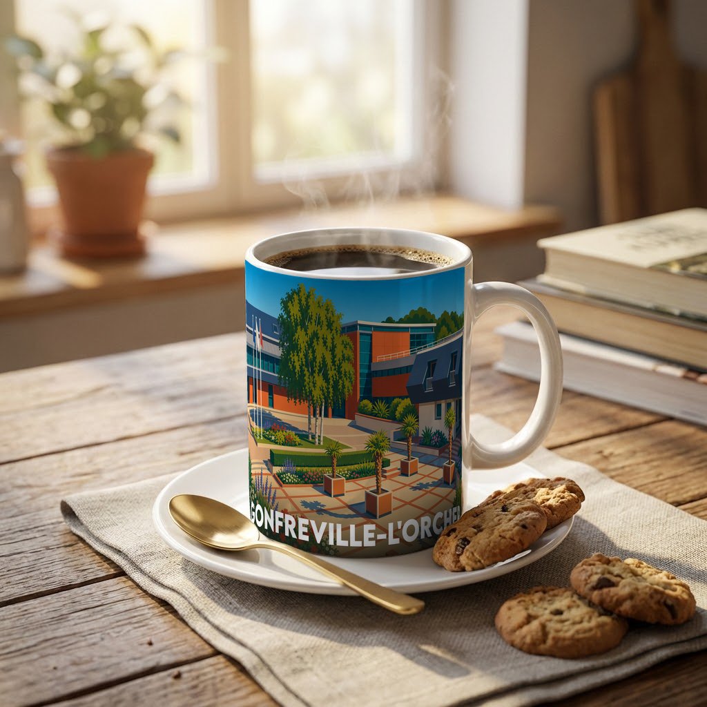 Mug souvenir de la ville de Gonfreville-l'Orcher avec une illustration stylisée et colorée.