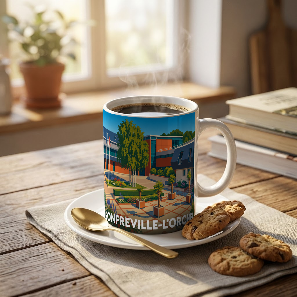 Mug souvenir de la ville de Gonfreville-l'Orcher avec une illustration stylisée et colorée.