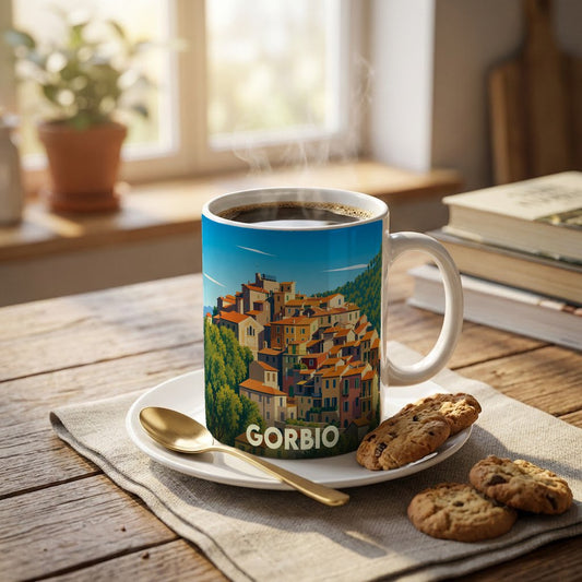 Mug souvenir de la ville de Gorbio avec une illustration stylisée d'un village perché.