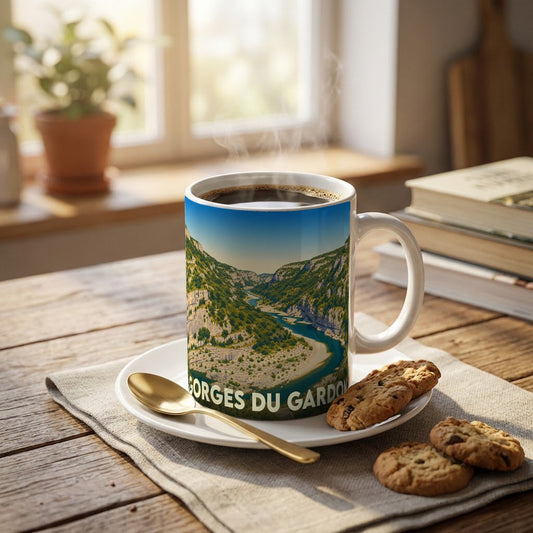 Mug souvenir des Gorges du Gardon orné d'une illustration paysagère stylisée.