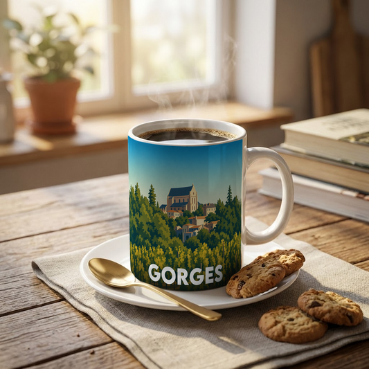 Mug souvenir de la ville de Gorges avec une illustration stylisée.
