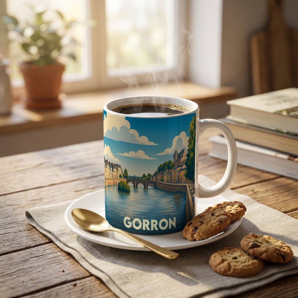 Mug souvenir de la ville de Gorron avec une illustration stylisée d'un paysage fluvial.