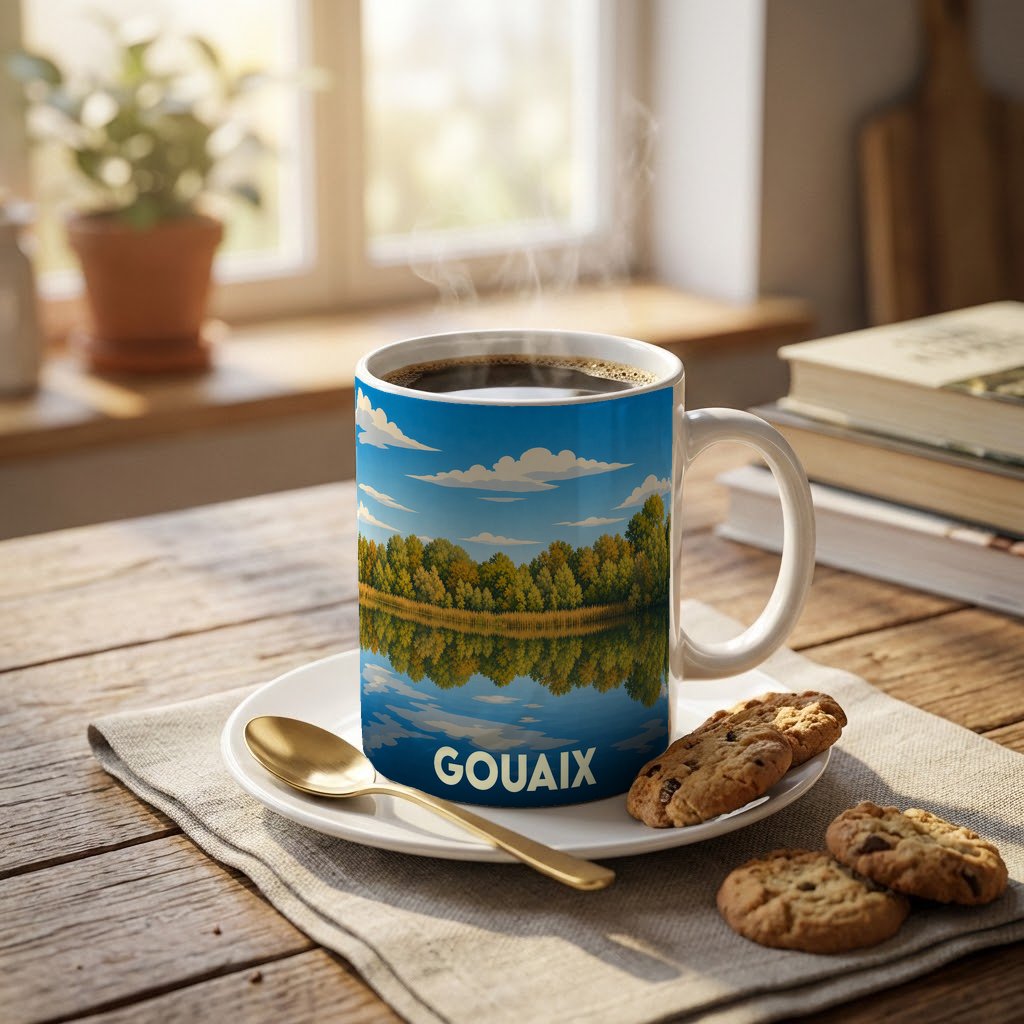 Mug souvenir de la ville de Gouaix orné d'une illustration d'un lac bordé de forêt.