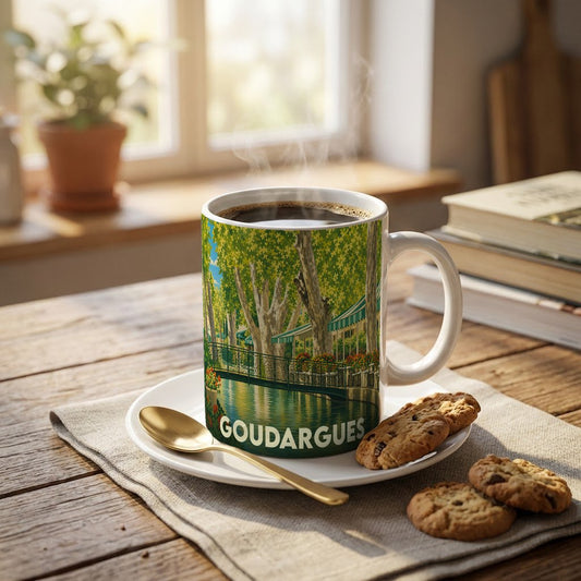 Mug souvenir de la ville de Goudargues illustré d'un paysage de canal ombragé par des platanes.