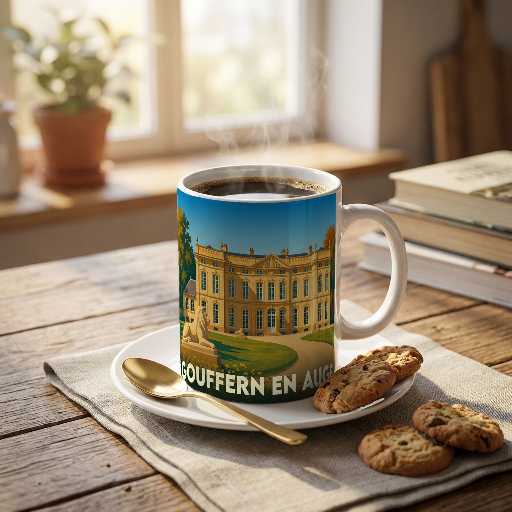 Mug souvenir de la ville de Gouffern en Auge avec une illustration stylisée de son patrimoine.