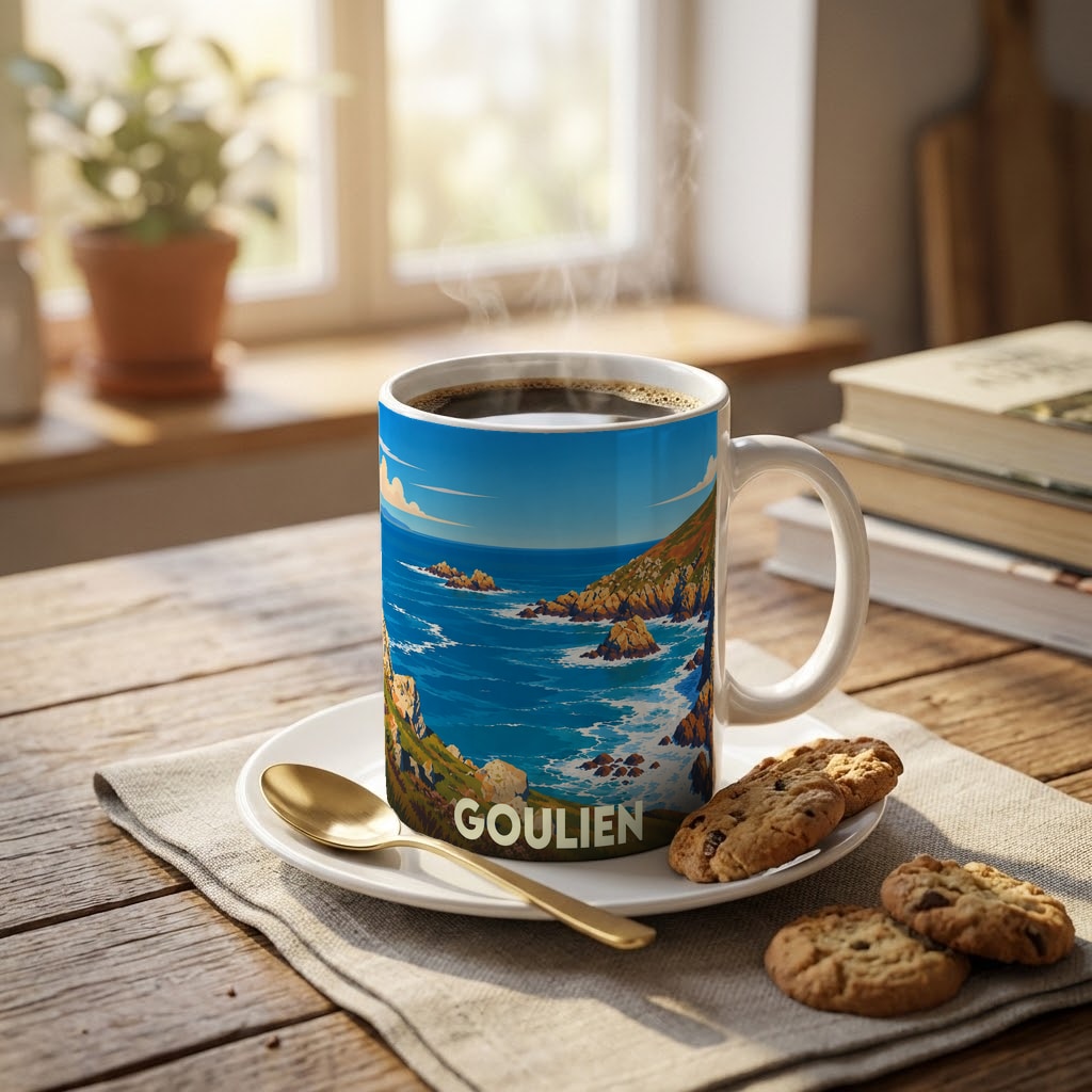Mug souvenir de la ville de Goulien illustré d'un paysage côtier stylisé.