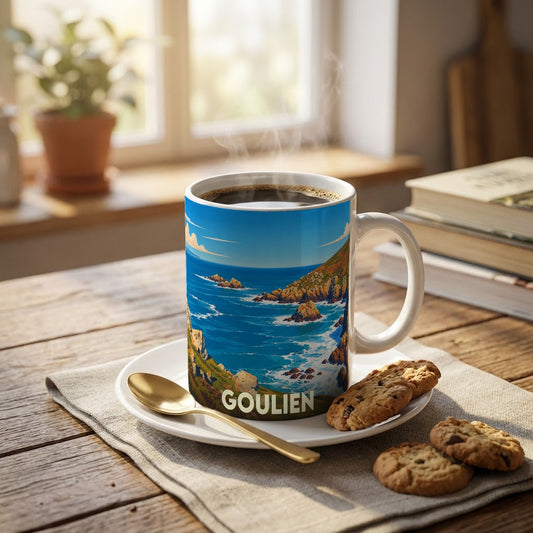 Mug souvenir de la ville de Goulien illustré d'un paysage côtier stylisé.