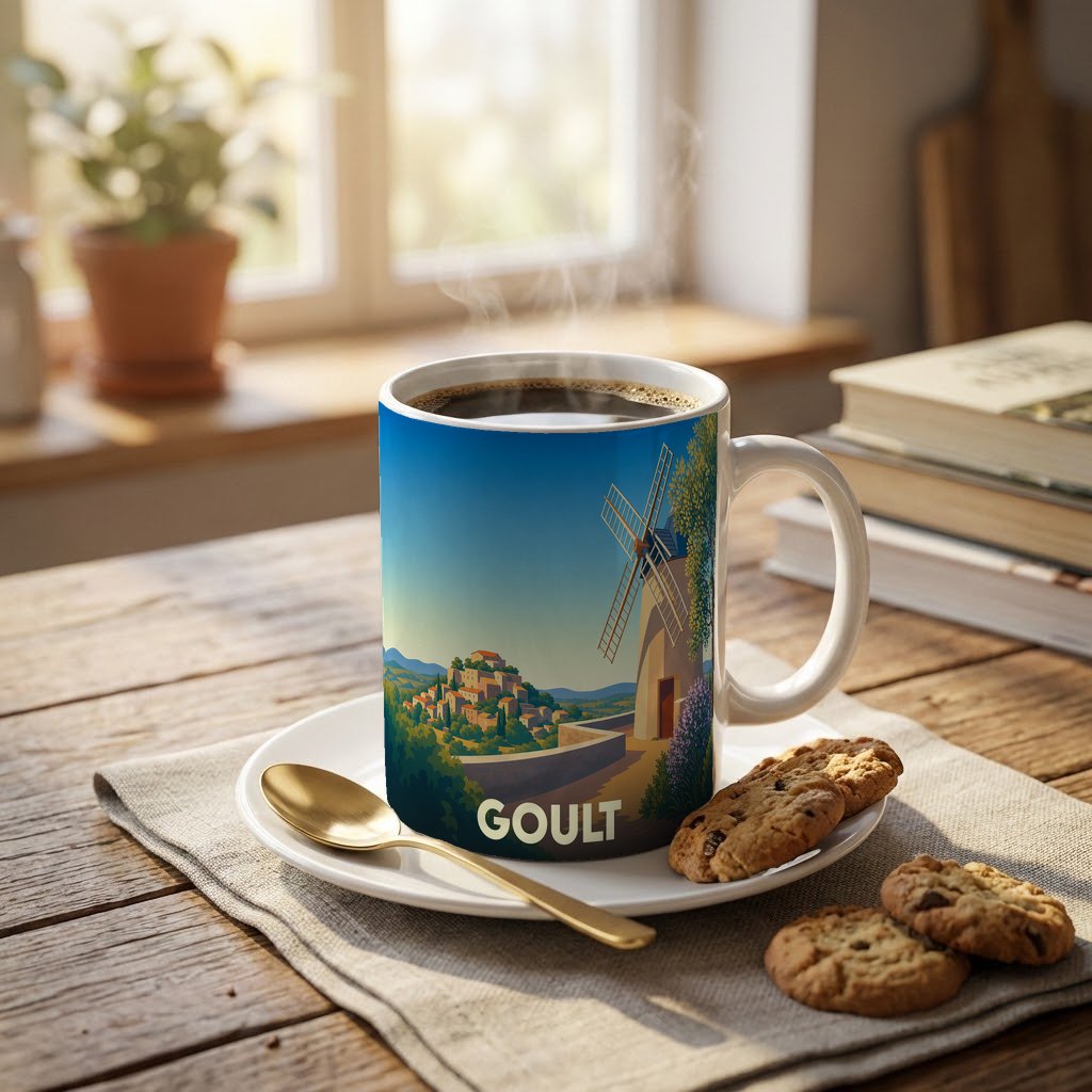Mug souvenir de la ville de Goult avec une illustration stylisée d'un moulin et d'un village perché.