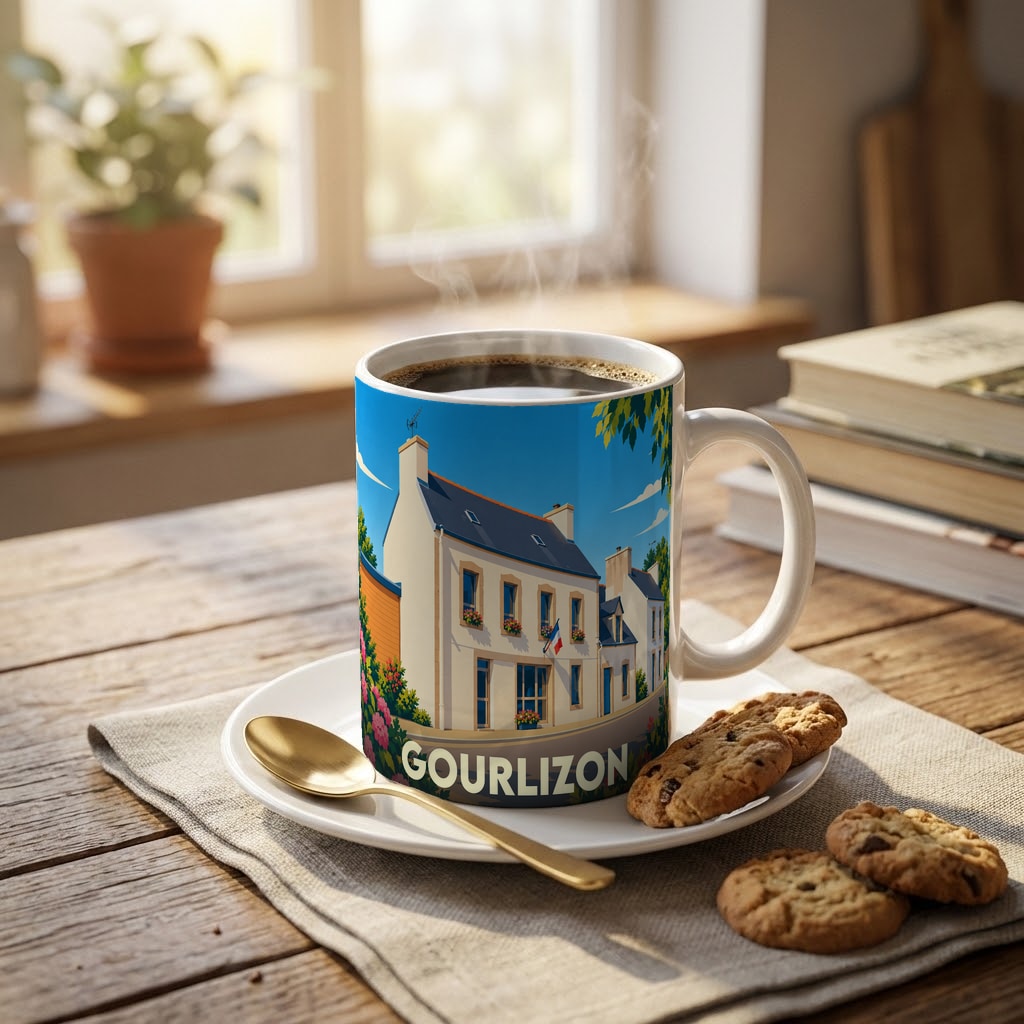 Mug souvenir de la ville de Gourlizon avec une illustration stylisée d'une maison traditionnelle bretonne.