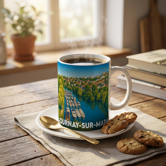 Mug souvenir de la ville de Gournay-sur-Marne illustré d'une vue stylisée de la Marne et ses bateaux.