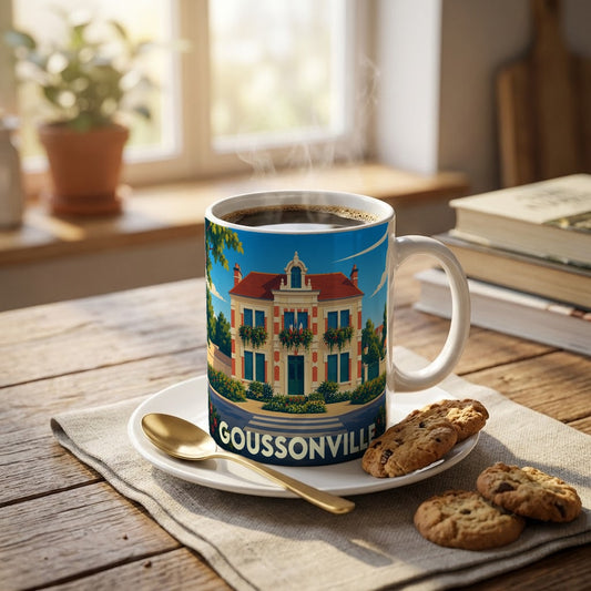Mug souvenir de la ville de Goussonville illustré d'une maison de maître colorée.